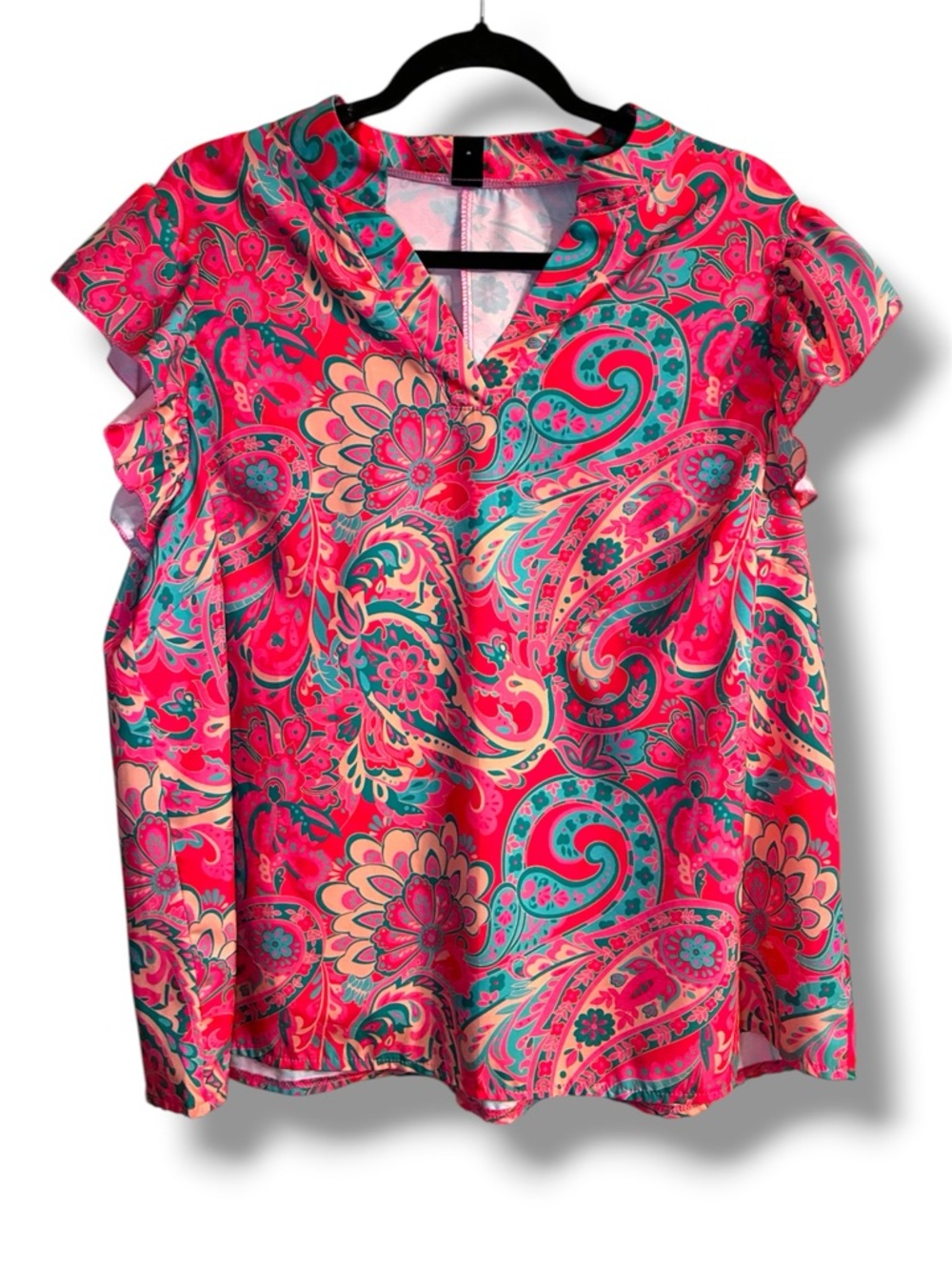 🌺 SHEIN Curve 2XL Bright Paisley Blouse Ruffle Sleeve Boho Top